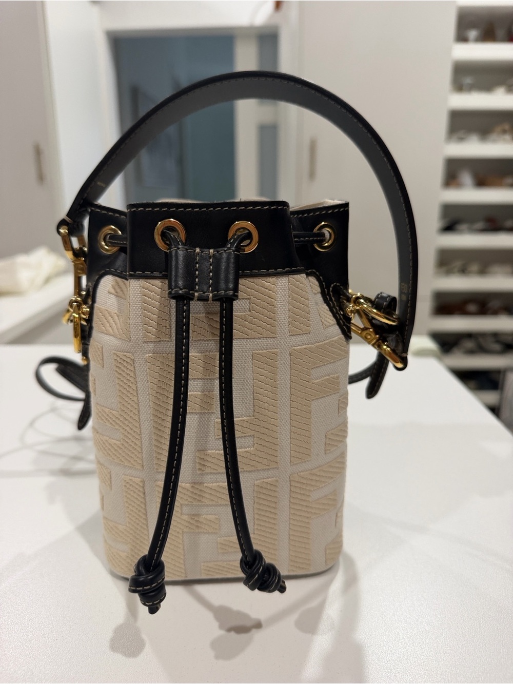 Fendi mini mon tresor bucket bag white with black trim